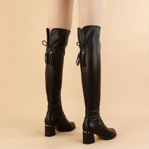 Women's Soft Leather Stretch Boots, Slimming High-Top Leather Boots with Fleece Lining—Stylish Chunky-Heel Over-the-Knee Boots for Autumn and Winter