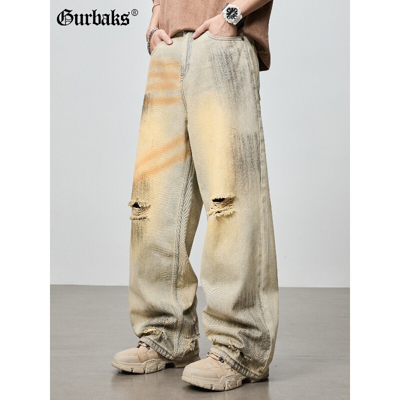 GURBAKS New Vintage Washed Ripped Jeans for Men, Loose Fit, Slimming, Wide Leg, Yellow Mud Dyed, Floor-Length Pants