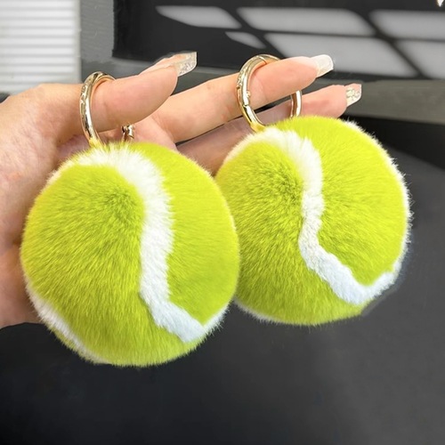 [Cute Little Tennis] Real Rex Rabbit Fur Tennis Car Keychain Pendant Ins Plush Ball School Bag Pendant