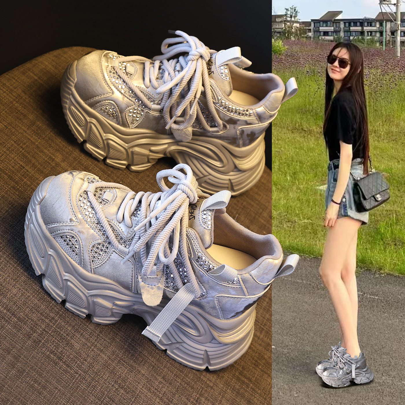 Giày sneaker nữ đế dày lưới thoáng khí phong cách daddy — màu be