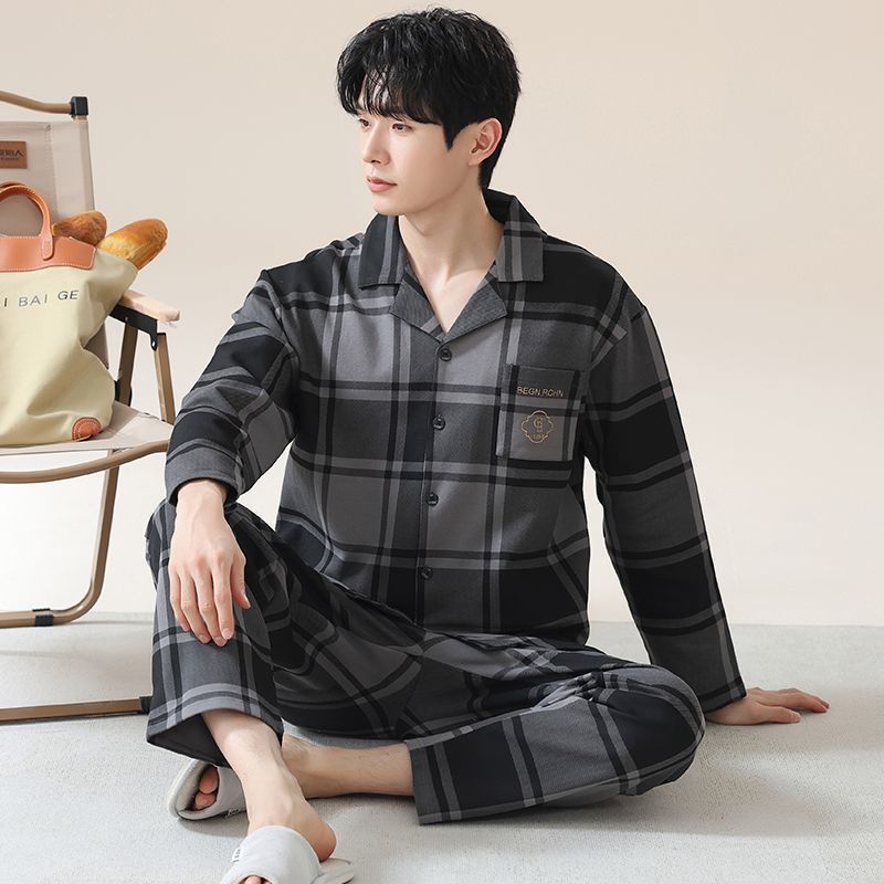 2025 남성 봄, 가을 면 잠옷 카디건 긴팔 바지 정장 루즈한 플러스 사이즈 집 밖에서도 입을 수 있습니다