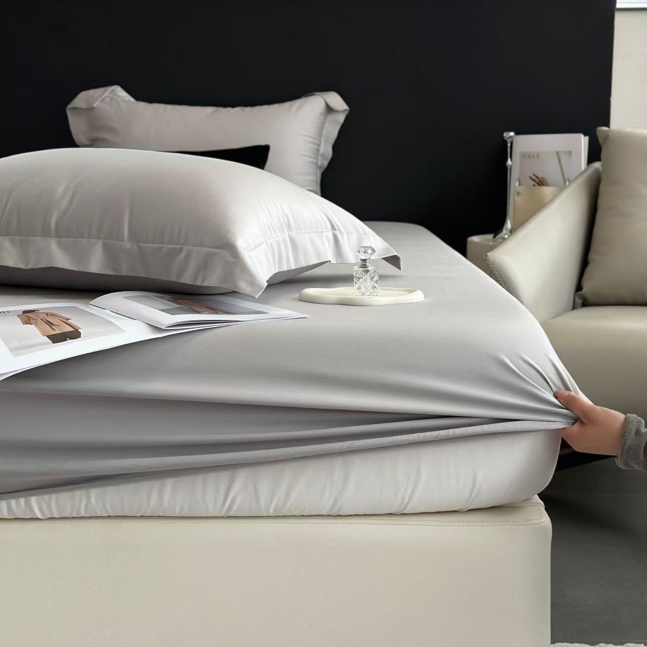 Solid Color 60S Lyocell Tencel Cool Bed Sheet, Silky Cotton Bedspread, Fully Enclosed Mattress Protector