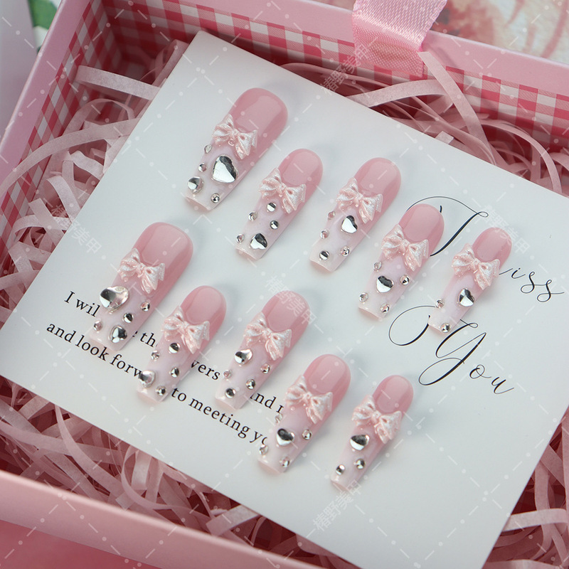 Hot-Selling Wearable Nail Tips Wholesale European and American Style Pink Girly Full Rhinestone Edge Gentle Style Wearable Nails