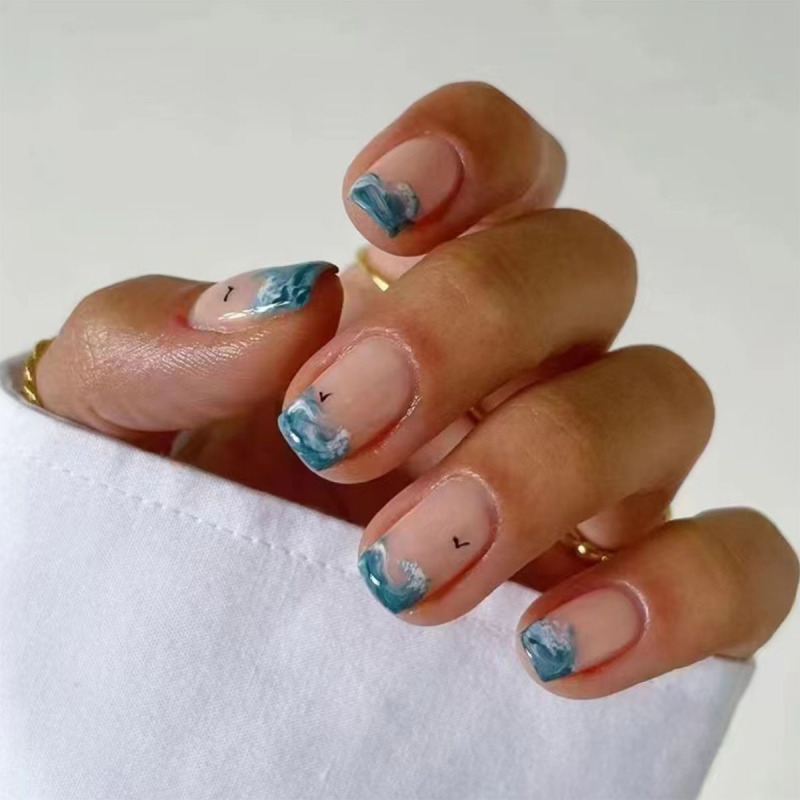 Short summer wear nail patch blue wave cool natural nail beauty piece cross-border nail piece finished product wholesale