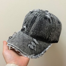 欧美水洗破洞牛仔棒球帽个性毛边街头时尚帽子男女款复古鸭舌帽