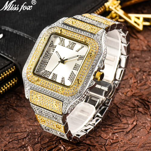 MISSFOX watch European and American Roman scale high-end fashion hip-hop diamond full diamond square men's watch