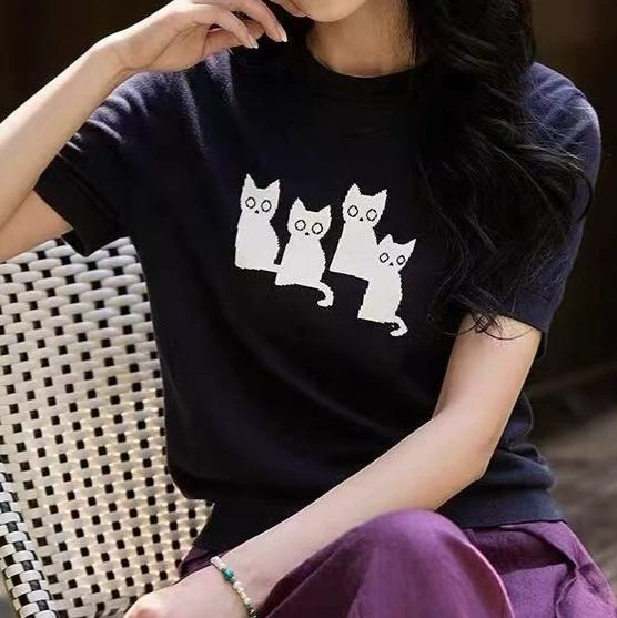 "F4 Cat" вязаная футболка с шелком тутовника и Tencel для замедления старения и стройности, короткий рукав, женская, весна-лето, новинки