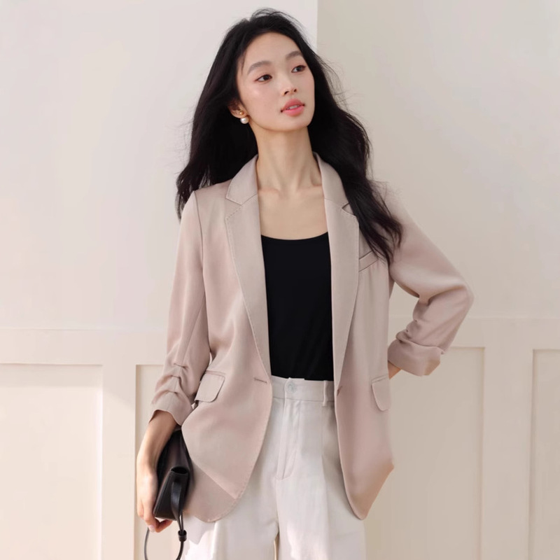 Elegant and Stylish Slim-Fit Silky Smooth Acetate Three-Quarter Sleeve Pleated Blazer for Women