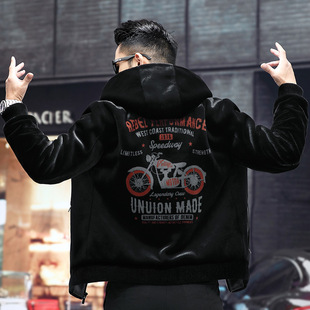 Off-Code Clearance Imitation Sheep Shear Imitation Fur All-In-One Men's Gold Mink Velvet Men's Fur Hooded Leather Jacket Motorcycle Jacket