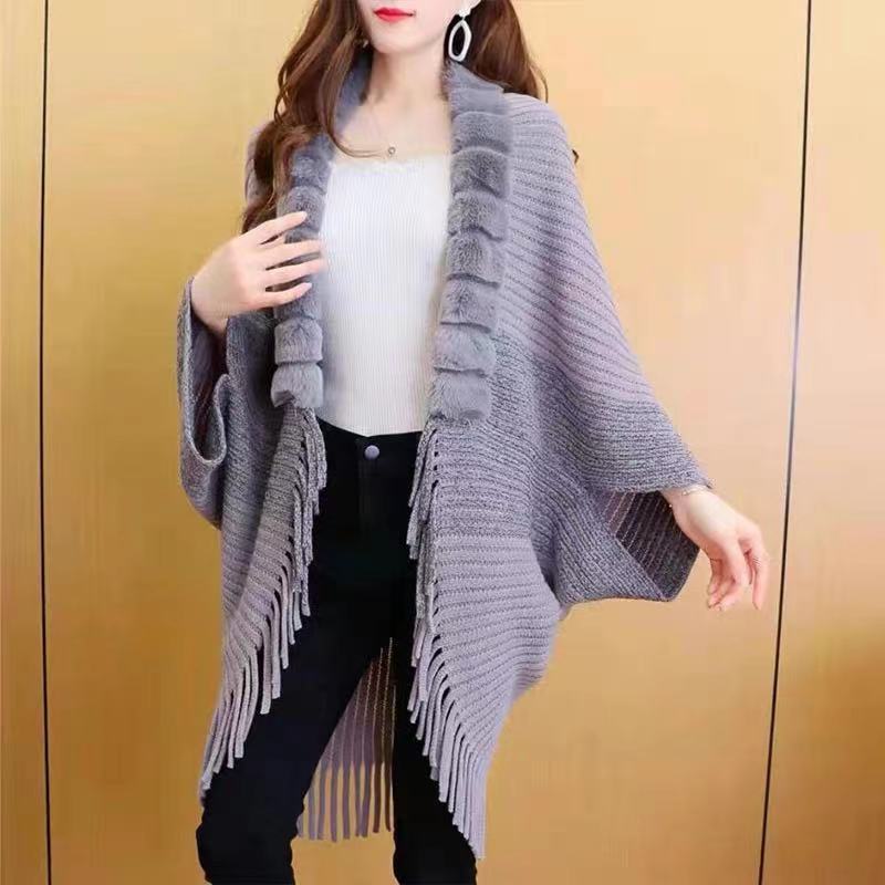 Lös pälskrage fransar stickad sjal cape stor storlek kofta cape kappa kvinna_voghion.com