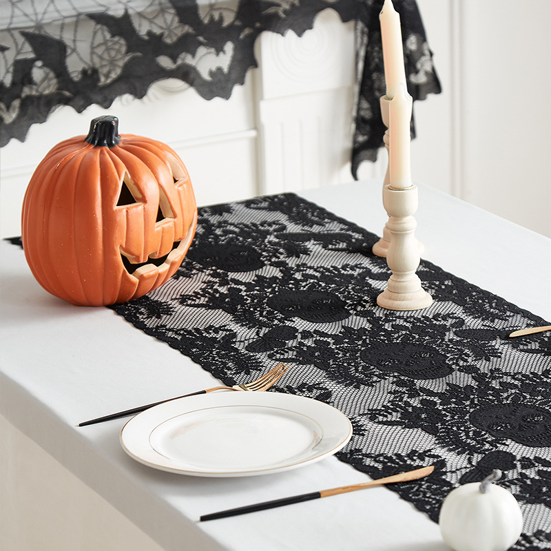新型の黒いレースの組み合わせハロウィーンのテーブル旗ハロウィーンのスカルのテーブル旗の鬼節の装飾の布は透かしを編みます。|undefined