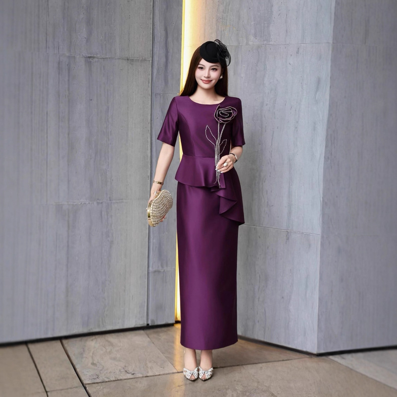 New Satin Dress, Hand-Beaded Stereo Flower Banquet Dress, Mother's Dress, Classy Elegant Long Dress