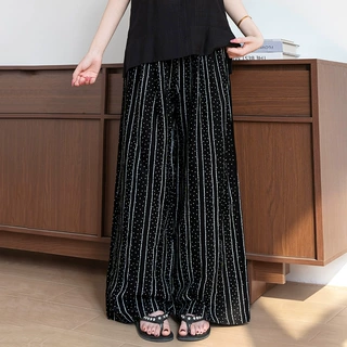 竖条纹波点亚麻阔腿裤女夏薄款女裤2026新款休闲裤白色裤子直筒