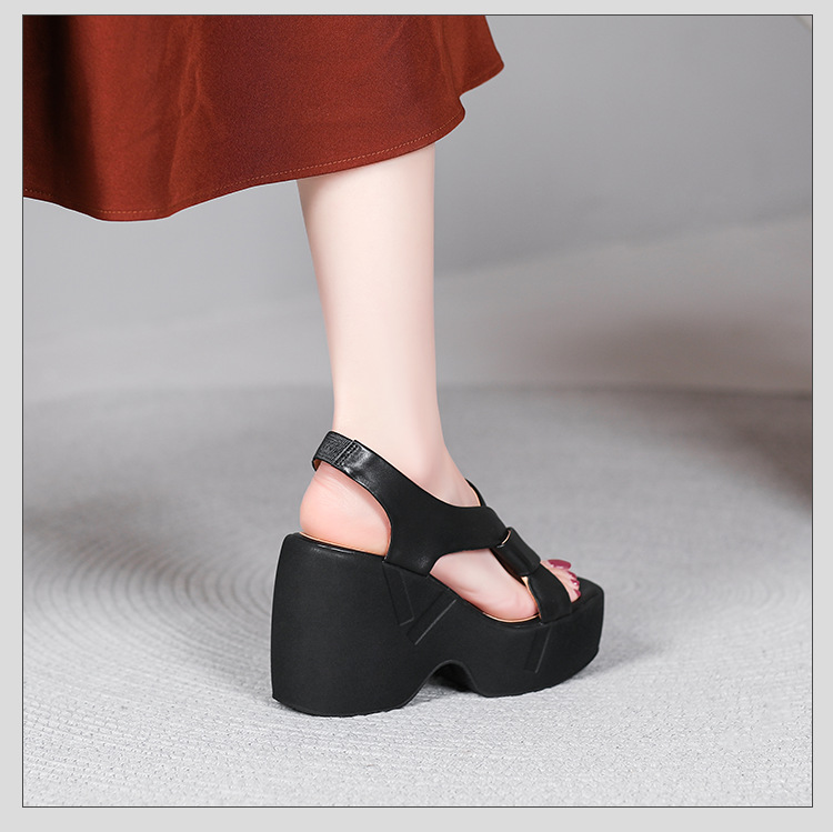 Sandal cao gót nữ hở mũi phong cách La Mã, đế xuồng, gót 9 cm, da cừu mềm — màu đen, màu trắng ngà chi tiết 5