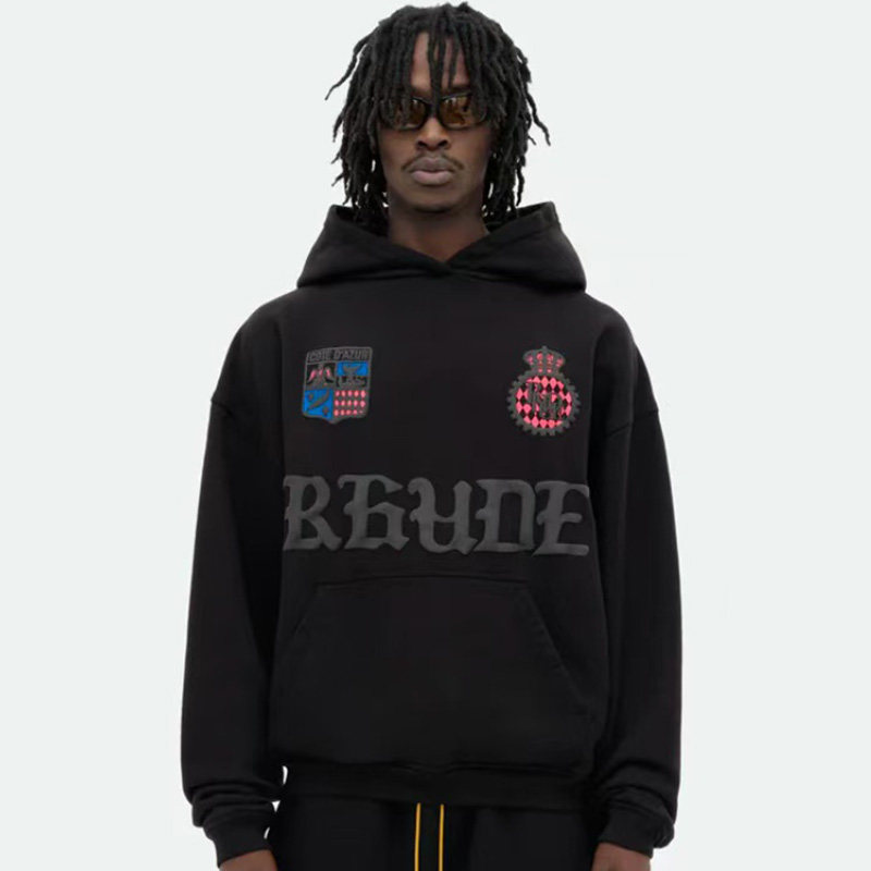 Rhude American High Street Style Foam Letter Logo Loose Hooded Sweatshirt for Men Trendy