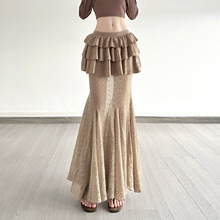 赫汐复古卡其色蛋糕裙摆蕾丝拼接半身裙辣妹时尚混搭舞台派对长裙