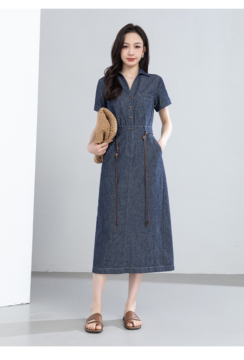 Đầm maxi nữ thắt eo tay ngắn chất liệu cotton pha linen phong cách Pháp — Xanh da trờicolor chi tiết 21