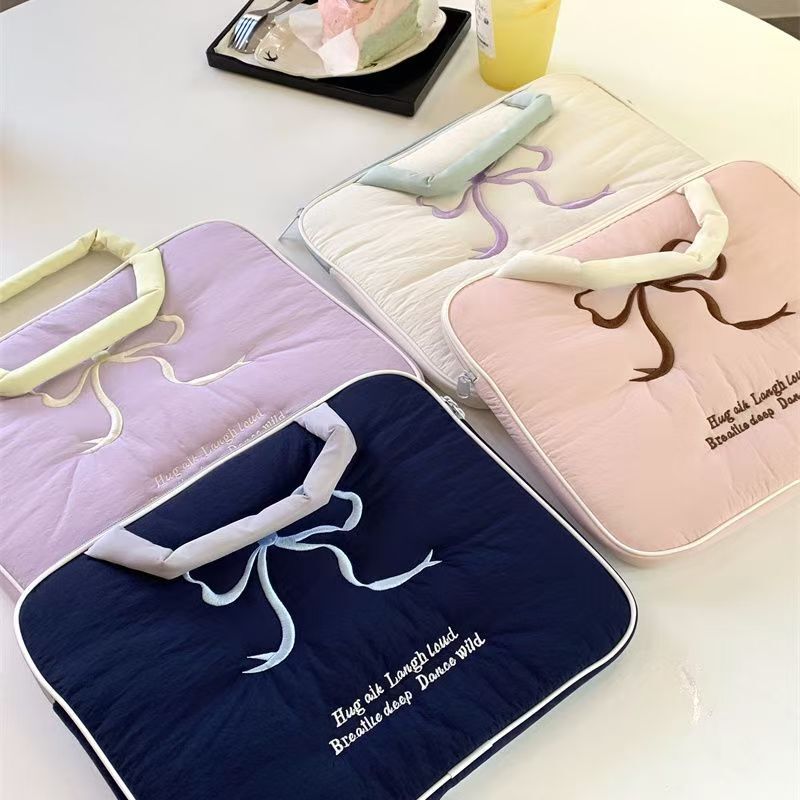 Korean Ins Embroidered Bow iPad Tablet 11/13/ 15inch Satchel Laptop Cosmetics Bag Lightweight