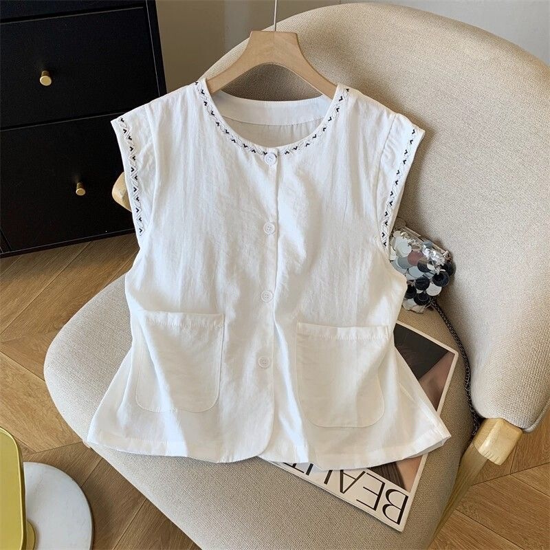Korean-Style Design Single-Breasted Round-Neck Shirt Sleeveless Cotton-Linen Top Women's Summer New Versatile Embroidered Design