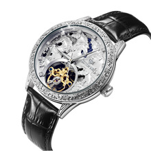 SKONE八骏马陀飞轮机械手表立体浮雕复古皮带自动机械表方胜钟表