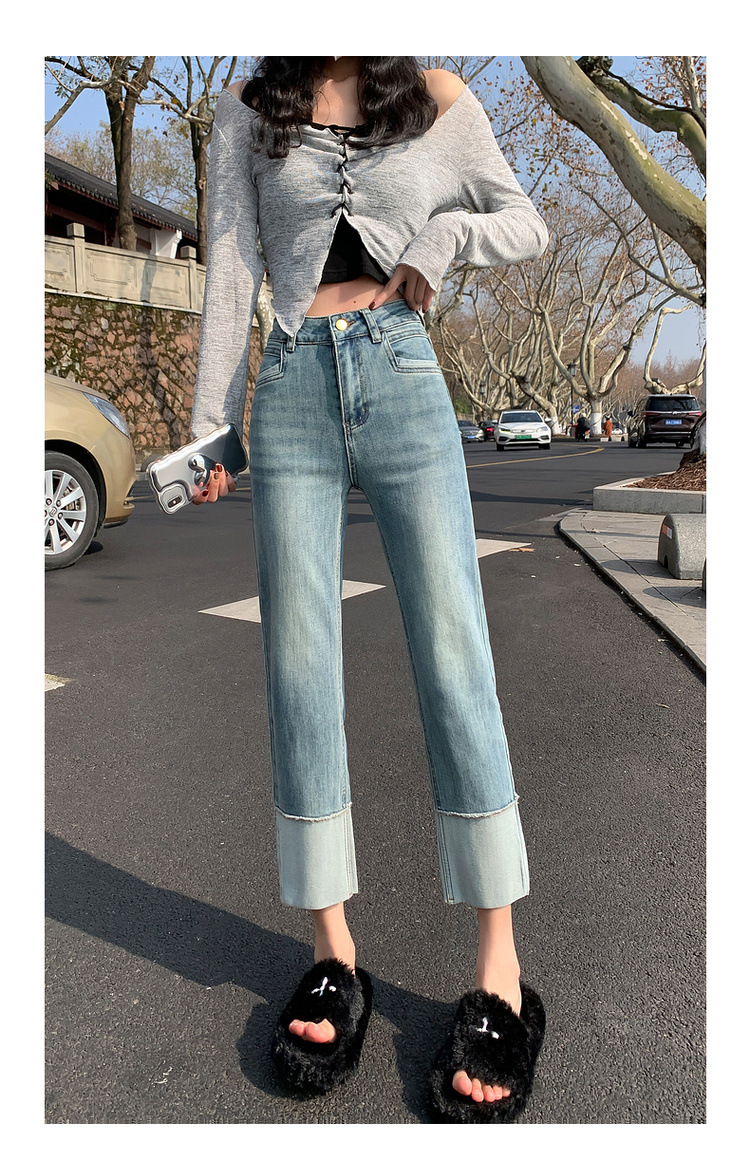 HEY+JEANS韩系翻边直筒裤女2023春季十三行高腰显瘦法棍九分裤详情19