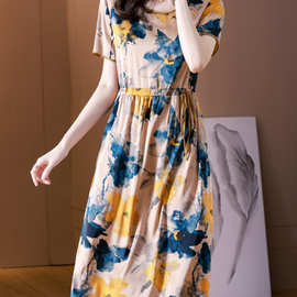 夏季新款洋气减龄中年妈妈时尚韩版气质收腰显瘦裙子有口袋连衣裙