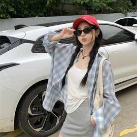 2024格纹衬衫女春夏美式学院宽松百搭格子上衣长袖防晒衬衣外套薄