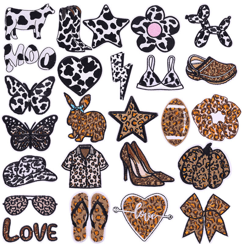 豹纹斑点刺绣徽章跨境专供电脑绣花贴diy热熔胶熨烫刺绣布贴现货