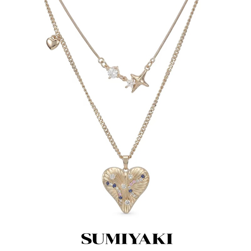 Sumiyaki Brushed Color Diamond Heart Necklace American Style Spicy Girl Clavicle Chain White Tea Gold Double-Layer Clavicle Chain for Women