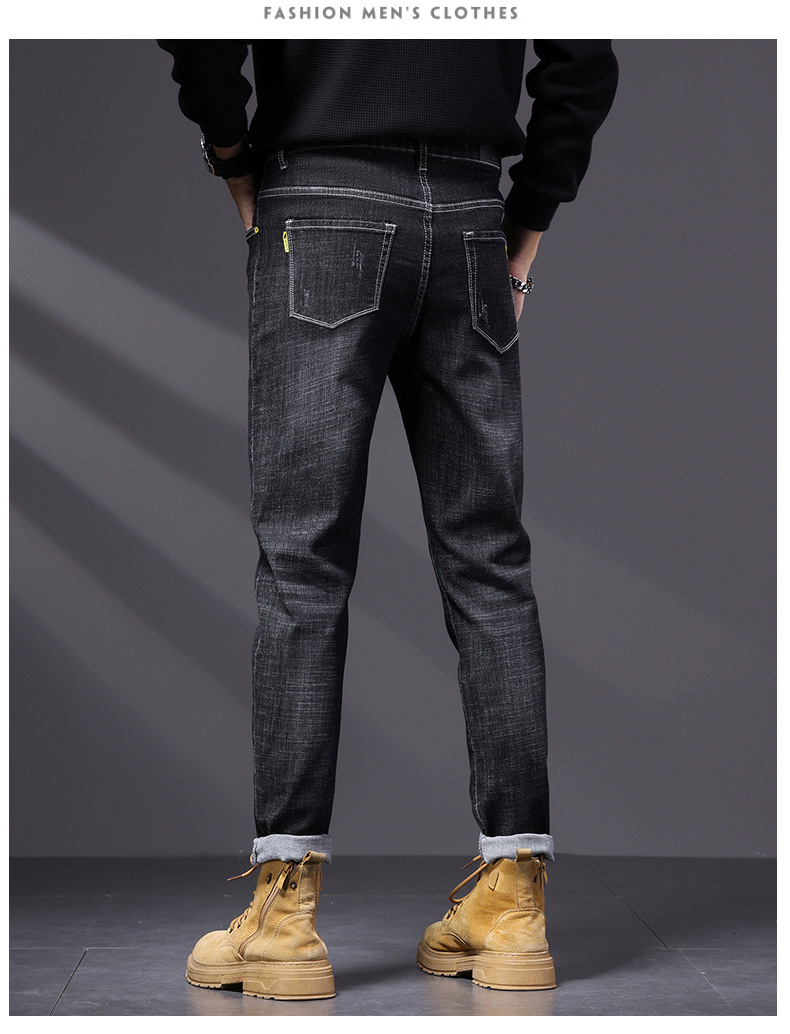 High ed jeas me's tredy brad 2024 Sprig ad Autum ew America black slim fit small foot casual log pats for_voghion.com