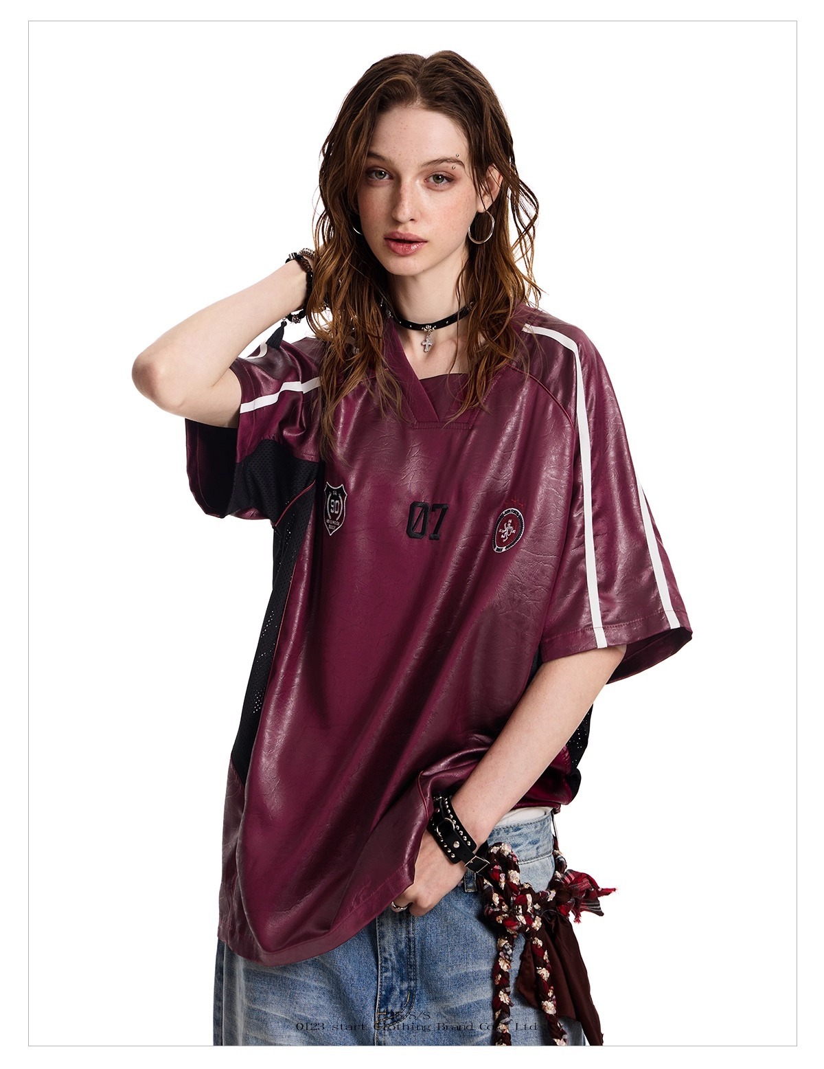 American-style Sports Short-sleeve T-shirt For Men Women, Loose And Breathable, Summer PU Leather Patchwork Hip-hop_viptrois.com