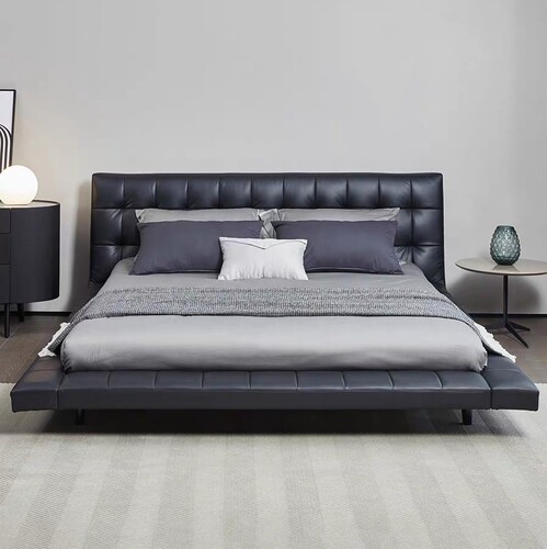 Italian Minimalist Macaron Bed with Genuine Leather Frame, Simple Floating Bed for Master Bedroom, Nordic Style 1.8-meter Double Wedding Bed