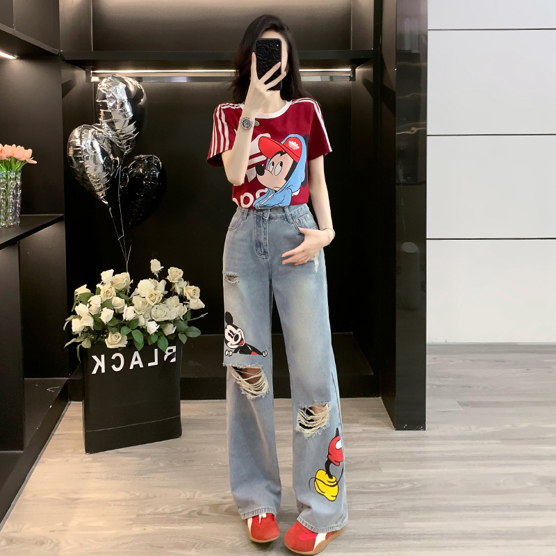 Red top + light blue pants (two-piece set)