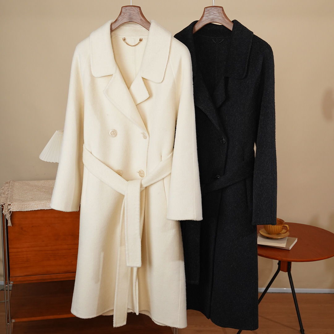 Anfiona 2025 Autumn and Winter New Style Alpaca Long Smooth Wool Double-Sided Woolen Classic Double-Breasted Belt Women's Wool Coat