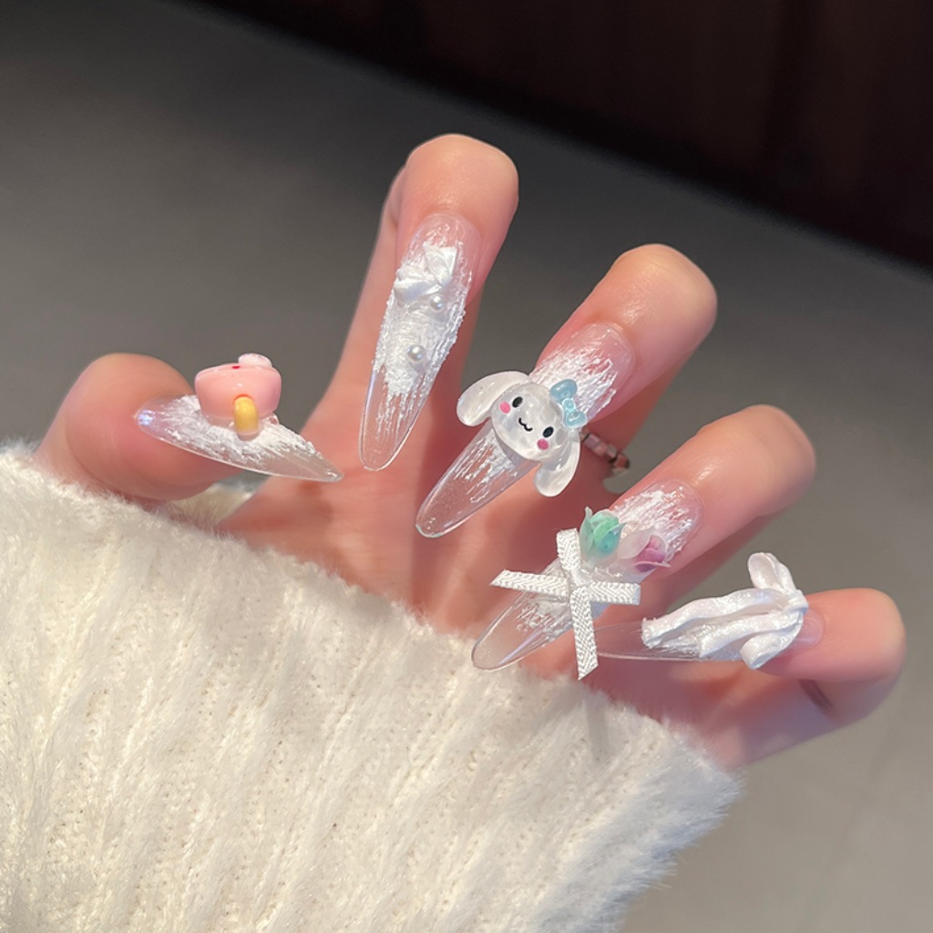 Uñas postizas hechas a mano estilo puro deseo, estilo ojo de gato francés largo, arte de uñas de Año Nuevo, piezas de uñas desmontables terminadas al por mayor. image 135