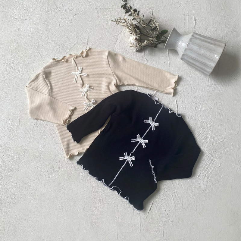 Spring and Autumn Style Elegant Bow Ruffle Long-Sleeve T-Shirt for Little Girls and Baby Girls' Clothing Base Shirt