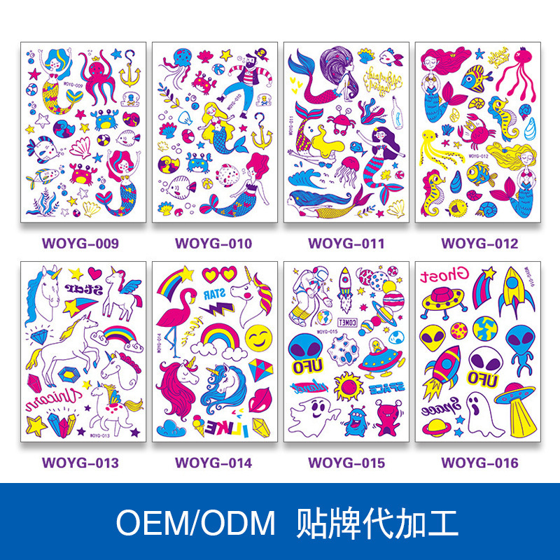 Spot Cartoon Unicorn Mermaid Fluorescent Tattoo Sticker Marine Animal Glowing Flower Arm Tattoo Sticker Wholesale