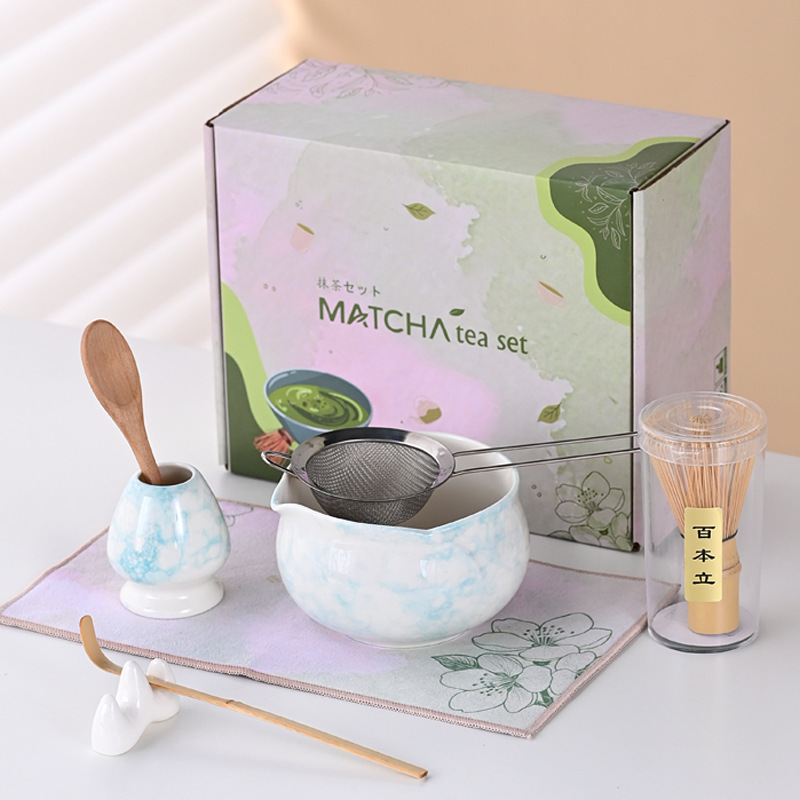 跨境专供亚马逊日式抹茶碗带嘴陶瓷茶具配件茶筅立套组日式茶道