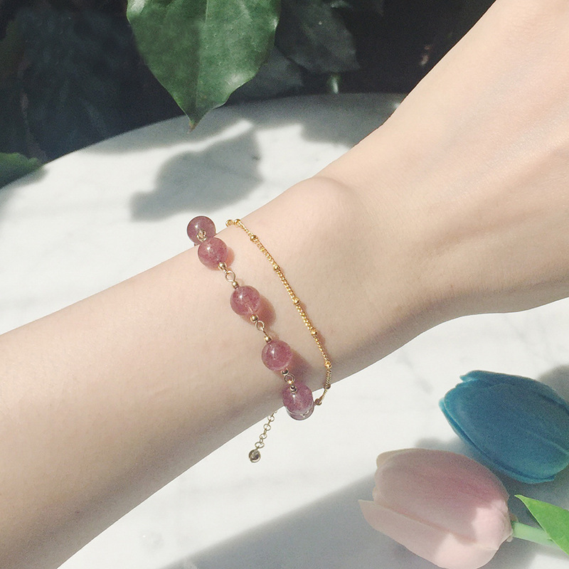 natural Pink Crystal strawberry Bracelet natural Powder crystal double-deck Bracelet ins Cold Simplicity temperament