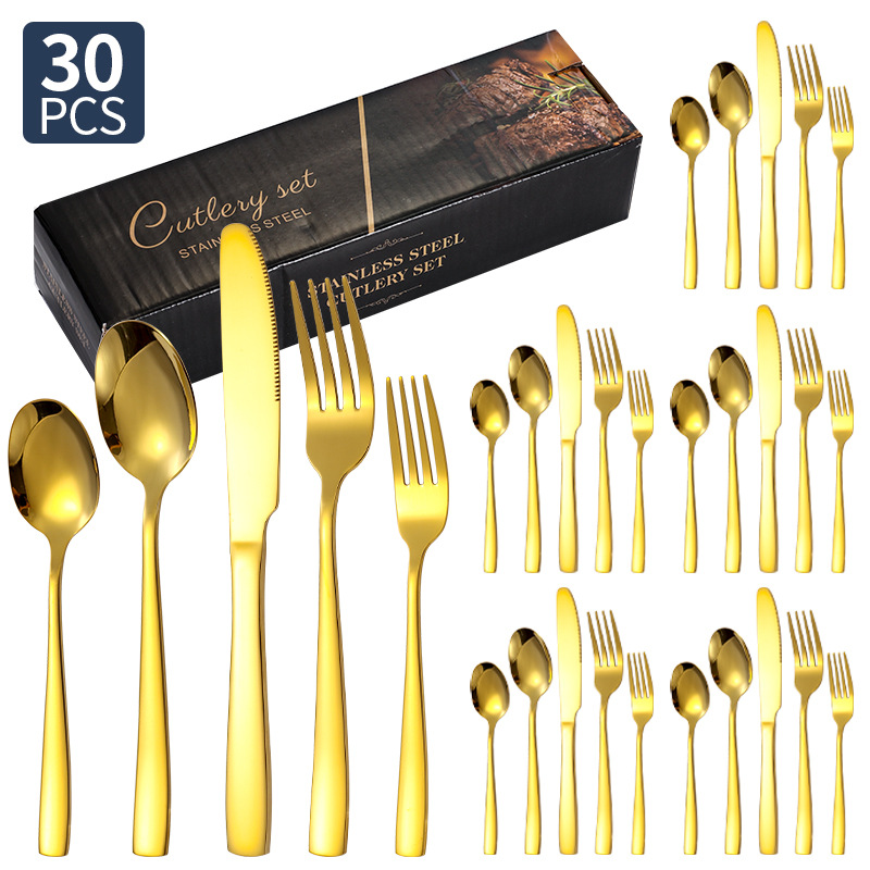 Transfronterizo Amazon cubiertos de acero inoxidable de mango cuadrado 20 / 24 / 30 piezas set cuchillo de filete de comida occidental tenedor cuchara set box