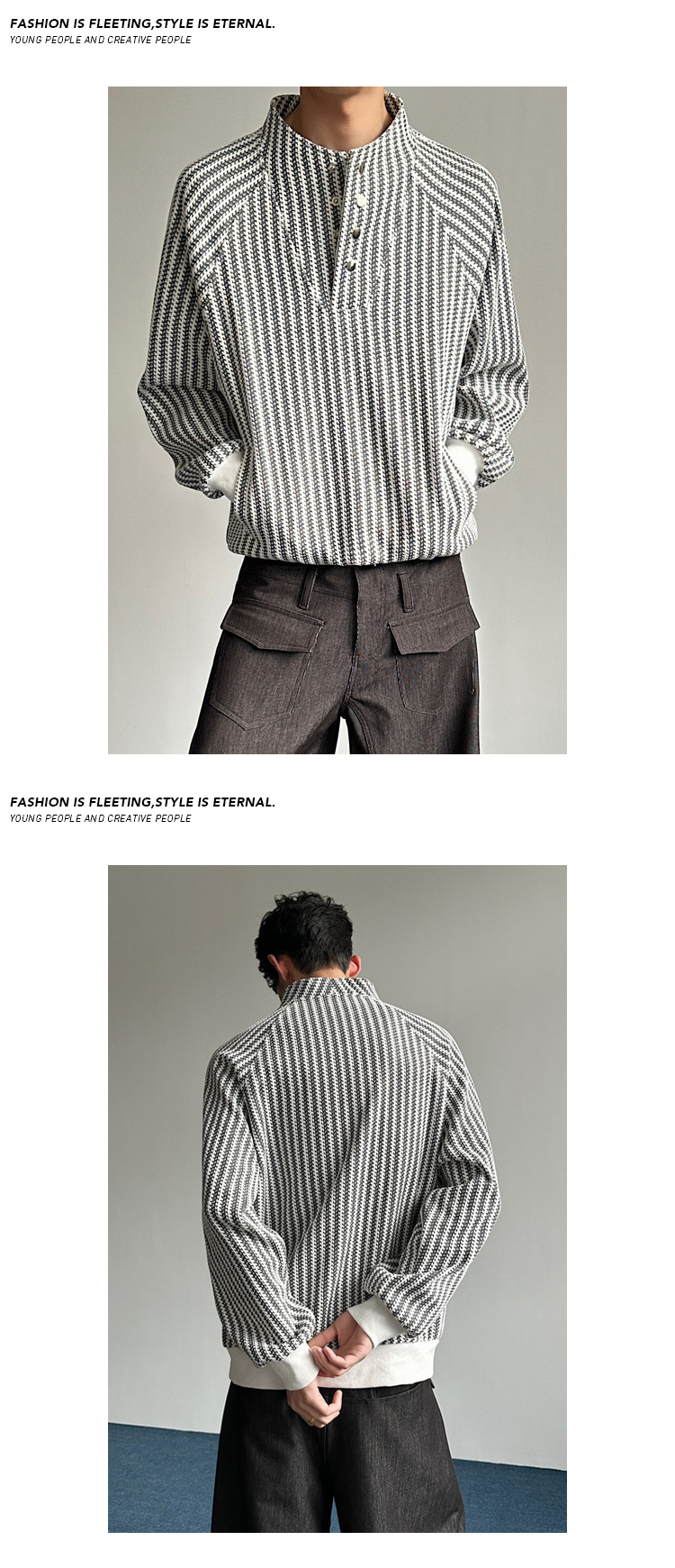 Unisex Fishbone Striped Henley Sweatshirt Autumn Designer Style_voghion.com