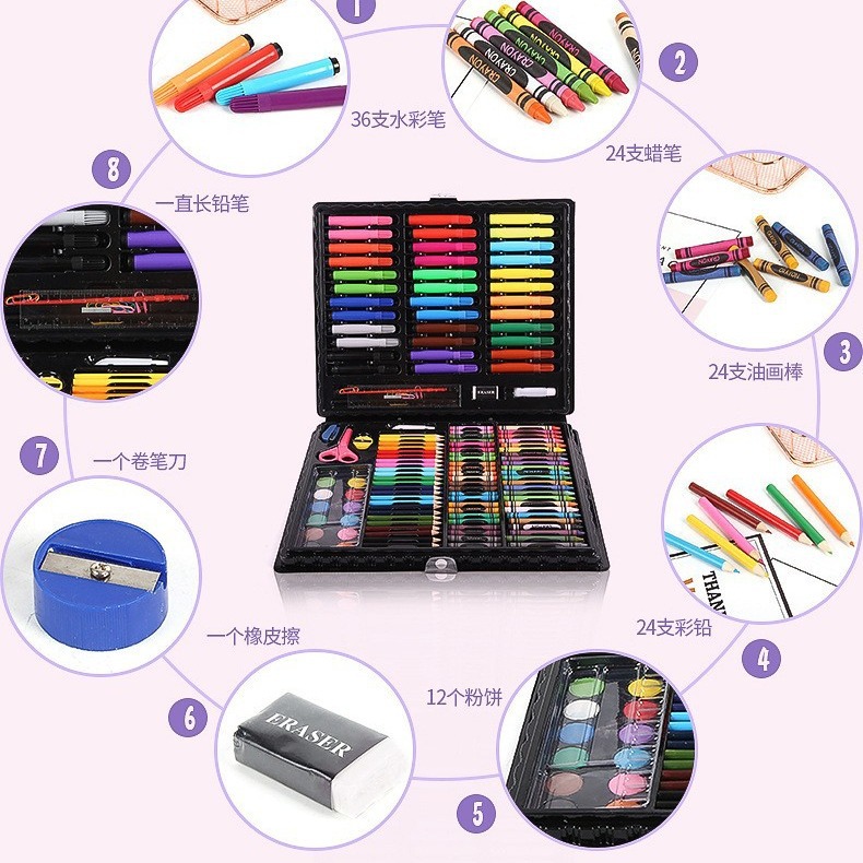 Estudiante de dibujos animados de 150 piezas acuarela pluma combinación pintura traje arte de los niños crayón cepillo regalo de vacaciones