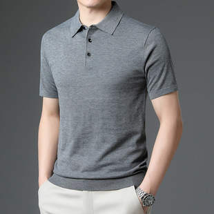 2023 Spring Cotton Short Sleeve Top Business Casual Knitted Sweater Lapel Men's Blended T-Shirt