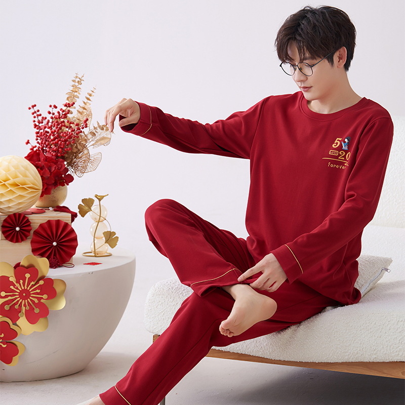 Venta al por mayor de primavera y otoño pijamas de algodón puro de los hombres de la boda jersey rojo más tamaño casual ropa de abrigo ropa de casa de dos piezas conjunto