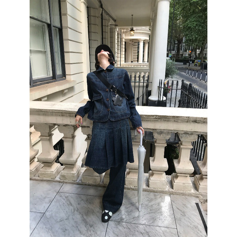 Mona Zhang Qixian Japanese Anime Girl Retro Denim Set/Pocket Jacket/Wide Pleated Skirt/Wide-Leg Jeans Mona Zhang Qixian Japanese Anime Girl Retro Denim Set/Pocket Jacket/Wide Pleated Skirt/Wide-Leg Jeans