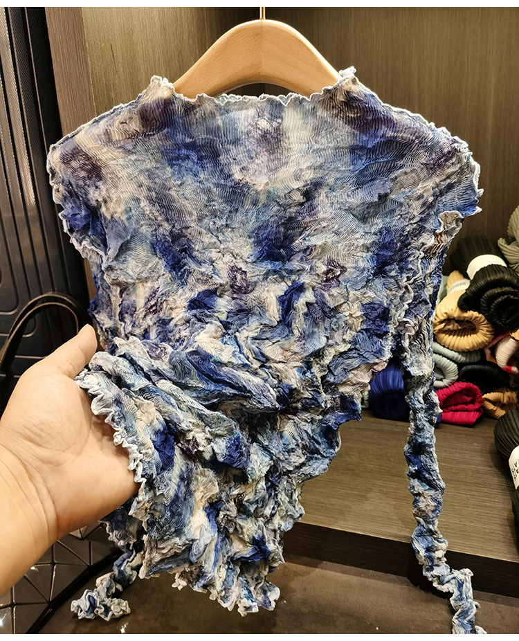 Áo thun nữ cổ đứng xếp ly dài tay họa tiết sơn dầu buộc dây ôm — Màu trắng xanh lam, Vàng xanh lá, Đen xám, Màu như hình chi tiết 10