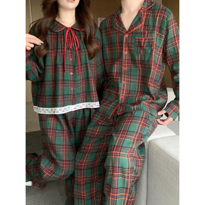 2026 Korean Version of Sweet and Fresh Christmas Green Autumn and Winter Brushed Casual Plaid Long-Sleeved Home Wear Set for Couples 2026 Korean Version of Sweet and Fresh Christmas Green Autumn and Winter Brushed Casual Plaid Long-Sleeved Home Wear Set for Couples