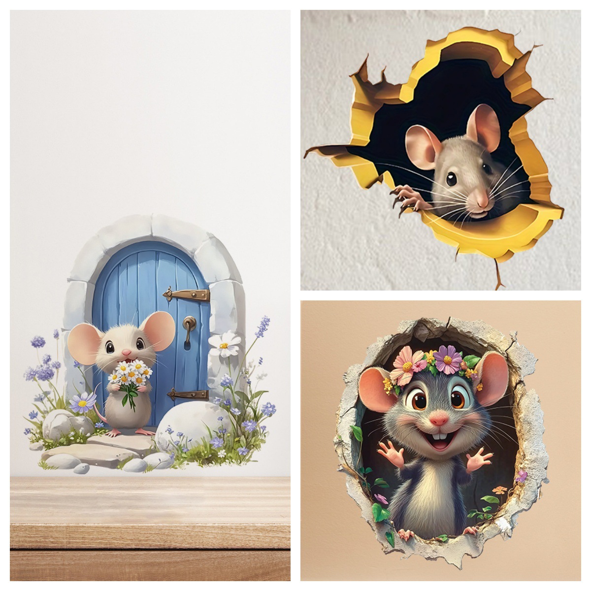 Cache-trou de souris 3D autocollant imperméable et anti-traces de doigts, style dessin animé, pour salon ou chambre._voghion.com
