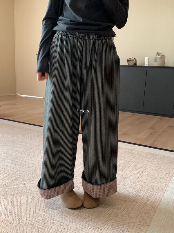 Hers一勺甜秋冬新款简约复古格纹拼接翻边设计条纹休闲裤女92269|undefined