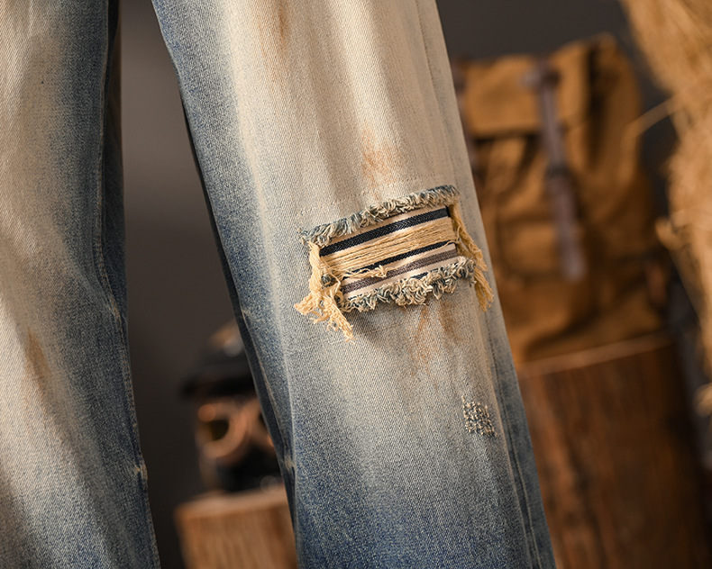 Vintage Denim Jeans For Men Distressed Wide Leg Patchwork Retro_voghion.com